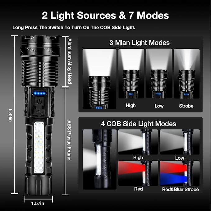 Rechargeable Flashlight 980,000L High Lumens 2 Pack, Led Tactical Flash Light, Super Bright Flashlights with 7 Modes, USB C Charging, Cob Side Light, IPX6 Waterproof, for Camping Emergency