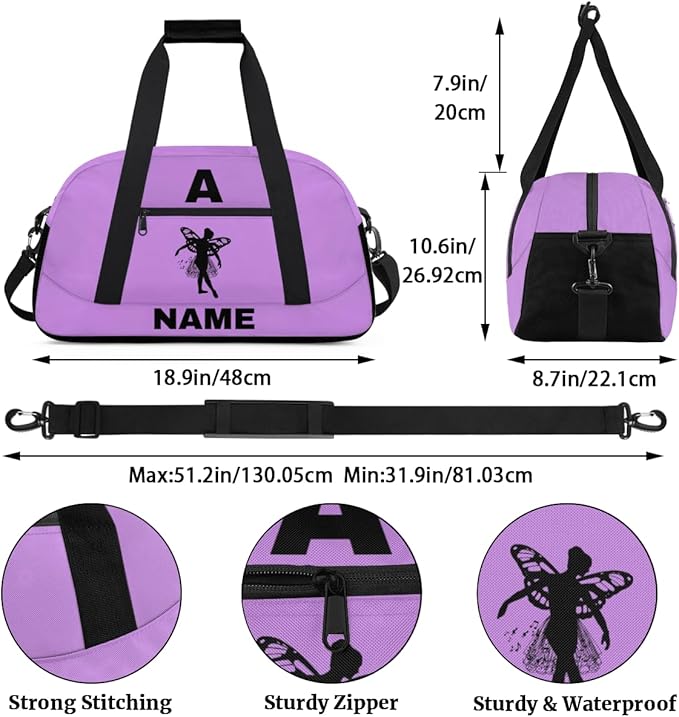 Personalize-Kids-Sports-Duffel-Bags With Custom Name Text Carry-On Overnight Travel Gym Lightweight Dance Pattern Sports Bags For Girls Boys Kids,Lilac