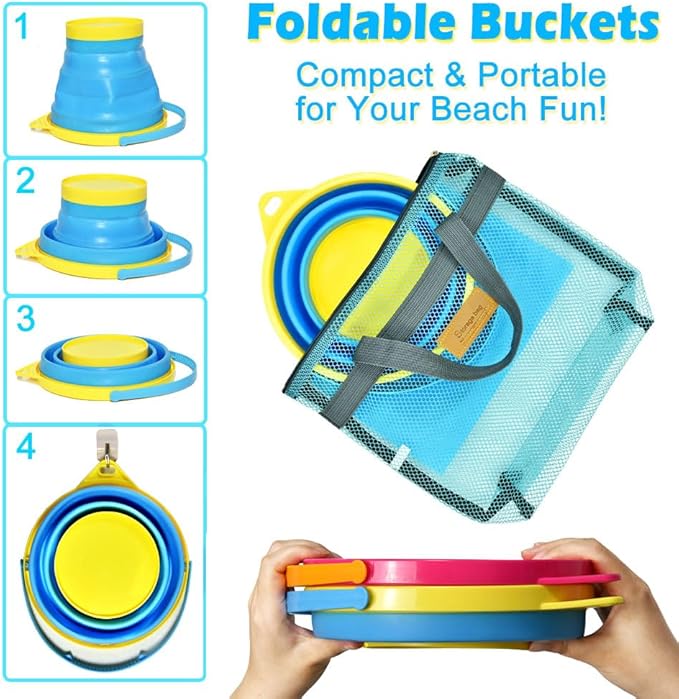Collapsible Beach Toys for Kids Toddlers, Collapsible Sand Buckets Shovels Set with Mesh Bags and Sand Molds, Foldable Travel Sand Toys for Beach Sandbox Toys for Kids