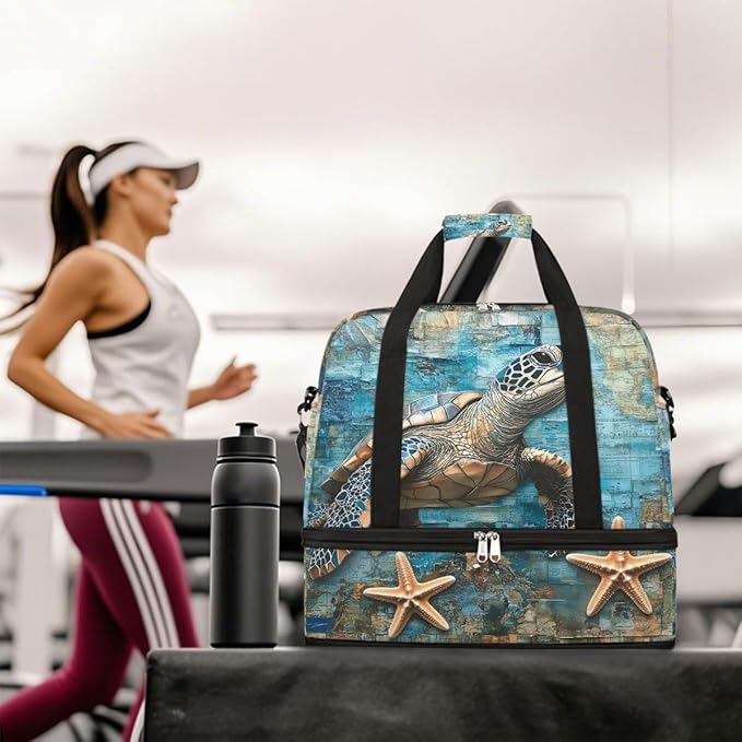 Foldable Travel Duffel Bag for Women - Carry on Personal Item Bag with Shoes Compartment, Weekender Overnight Duffle Bags Sport Tote Gym Luggage for Airplanes Traveling(Turtle)