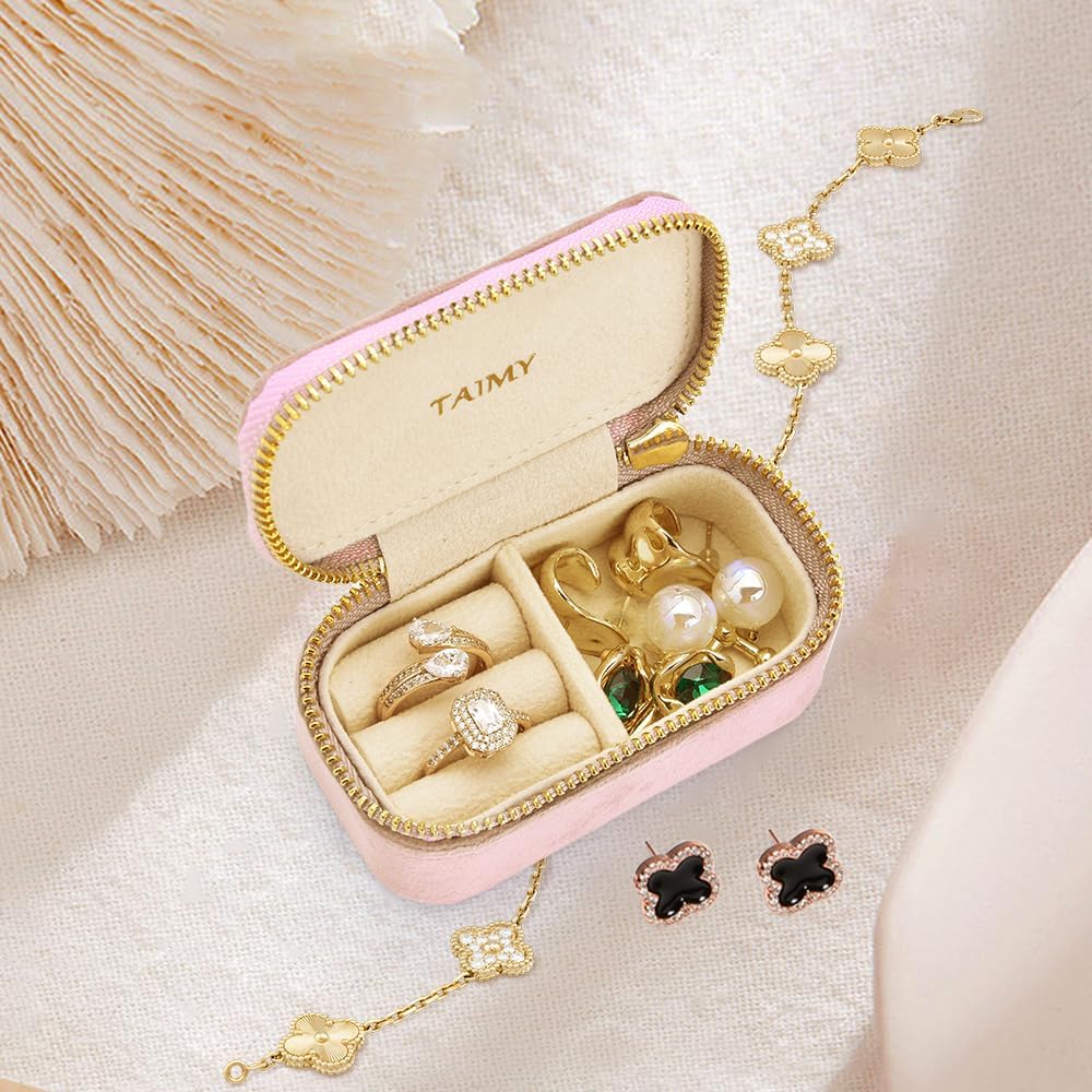 Small Travel Jewelry Case, Mini Tiny Plush Velvet Jewelry Box for Women and Girls, Pocket Size Jewelry holder organizer for Rings Earrings and Small Items(Pink)