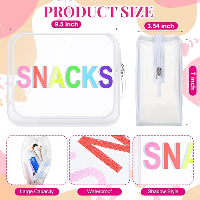 Clear Snack Bag Travel Zipper Pouch Makeup Cosmetic Bag 9.5" x 7" x 3.5" Large Beach Toiletry Pouch PVC Waterproof Transparent Organizer for Women Girl Summer