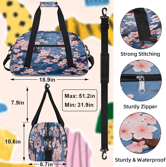 Pink Cherry Blossoms Sports Duffel Bags, Water-Resistant Gym Duffle Bag for Men Women, Lightweight Weekender Overnight Bag for Fitness, Workout, Travel