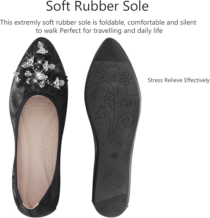 KUNWFNIX Women Ballet Flats Rhinestone Wedding Ballerina Shoes Foldable Sparkly Comfort Slip on Flat Shoes