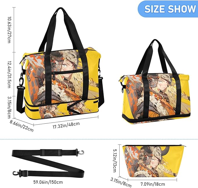 Anime Warrior Woman Print Gym Bag Duffel Bags Weekender Overnight Bag Set with Shoes Compartment for Travel Sports Yoga