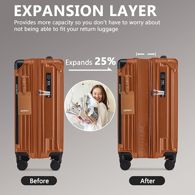 Joyway 20in Carry On Luggage with Cup Holder and USB Port, 25% Expandable Capacity, Smart Suitcase Set with Anti Slip Wheels and Handbag, Perfect for Men and Women (Brown, Carry-On 20-Inch Handbag)