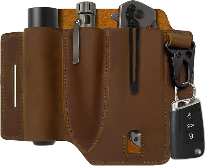 Jack&Chris Leather EDC Multitool Sheath for Belt, EDC Belt Organizer for Leatherman Tools, EDC Pocket Organizer for Men with Pen Holder, Key Fob, Flashlight Sheath