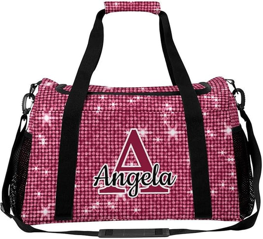 Pink Sparkly Print Personalized Duffel Sports Bag with Name Custom Weekender Overnight Bag Gym Bag Travel Duffel Bag