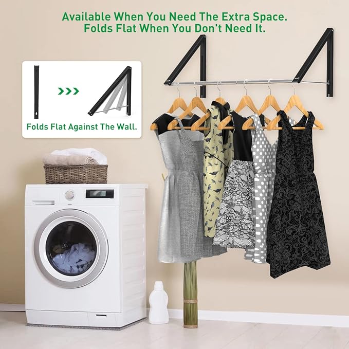 Retractable Clothes Rack - Wall Mounted Folding Clothes Hanger Drying Rack for Laundry Room Closet Storage Organization, Aluminum, 2 Racks with Rod (Black)