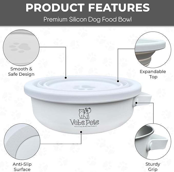 Vebs Pets- Stainless Steel Dog Bowl 30 oz, W/Collapsible Bowl Lid 20 oz W/Handle, Leak Proof, Non Slip, Food & Water Pet Bowls for Dogs & Cats, Medium Dogs, Portable Travel Dog (Vaporous Grey)