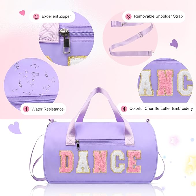 Dance Bag for Girls, KUIRAN 23L Waterproof Travel Duffel Bag with Colorful Chenille Letter, Lightweight Small Gym Sport Ballet Weekender Bag with Large Main Compartment - Purple/Pink/White