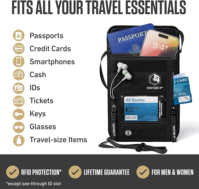 VENTURE 4TH Neck Wallet for Women & Men – RFID Blocking Passport Holder for Travel, Hidden Neck Pouch with 6 Compartments, Slim Lightweight Travel Organizer with Adjustable Strap (Pure Black)