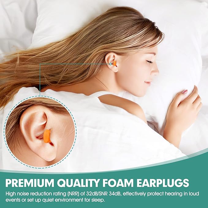 100 Pairs Orange Foam Ear Plugs - 33dB NRR Noise Cancelling, Soft & Comfortable, Individually Wrapped for Sleeping, Work, Travel, Loud Events, and Snoring