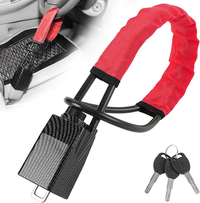 Upgraded car Steering Wheel Lock, seat Belt Lock and Anti-Theft Device, Water Transfer Printing Process, 3 Keys, Multi-Functional, Suitable for Most Vehicles, SUVs and Golf cart Security (red).