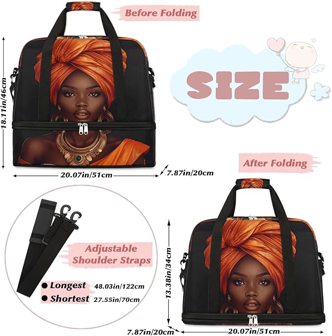 Foldable Travel Duffel Bag for Women - Carry on Personal Item Bag with Shoes Compartment, Weekender Overnight Duffle Bags Sport Tote Gym Luggage for Airplanes Traveling(African Ethnic Woman)