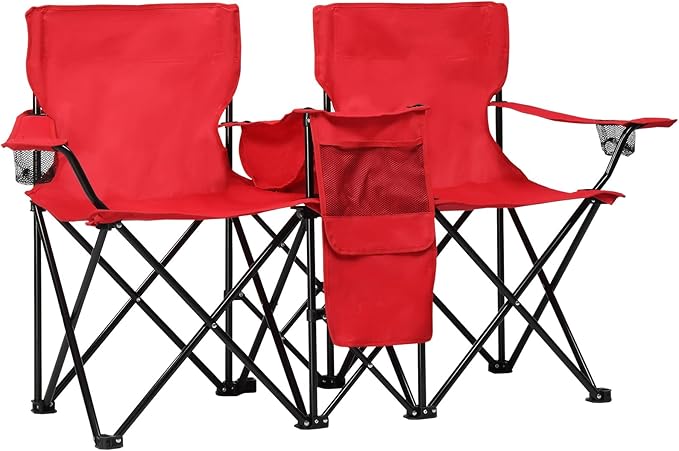 Double Folding Camping Chair W/Umbrella Fold Up Table Beverage Holder Carrying Bag Cooler for Patio Pool Park Outdoor Beach, Picnic, Portable (Red)