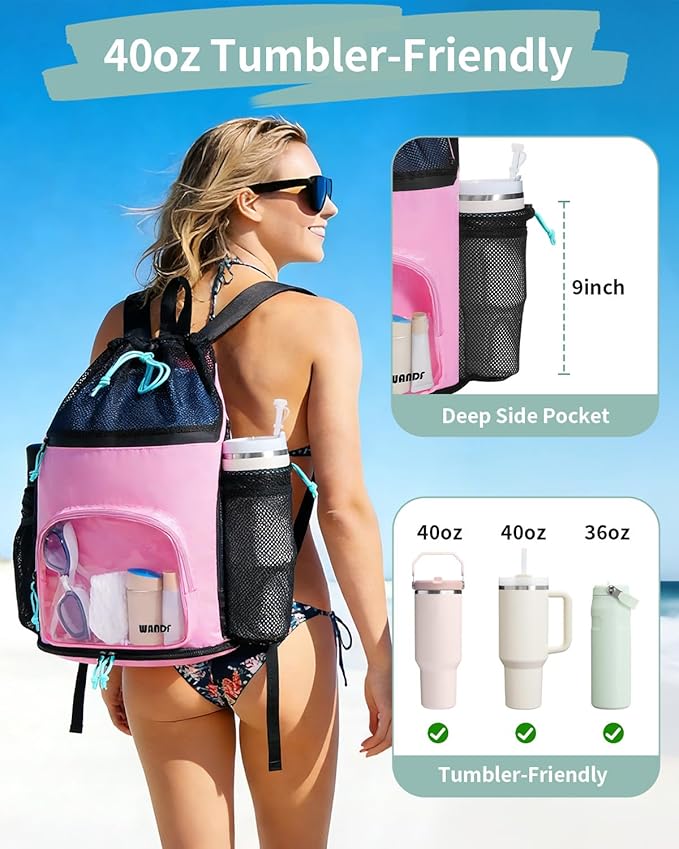 WANDF Swim Bag with Wet Pockets, Sandproof Beach Backpack with 40oz Tumbler Side Pockets, Mesh Drawstring Backpack Swim Bag for Swimming, Pool, Gym and Workout Gear (Pink)