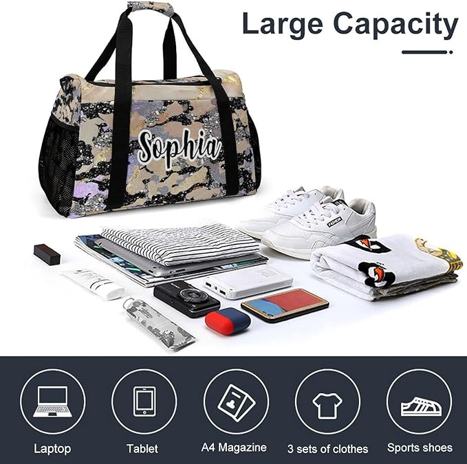 Khaki Grey Camo Sparkle Print Waterproof Duffel Bag, Adjustable Shoulder Strap Pack, Perform Training Travel Bag for Teens Adults Women Men