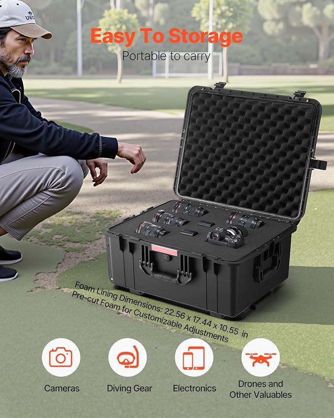VEVOR Weatherproof Hard Case, Heavy Duty Protective Dry Box Case with Pre-Cut Foam, Wheel Retractable Pull Handles for Travel, Hunt, Military, Tactical, IP67 Waterproof Case for Camera(24.8*19.7*12.5)