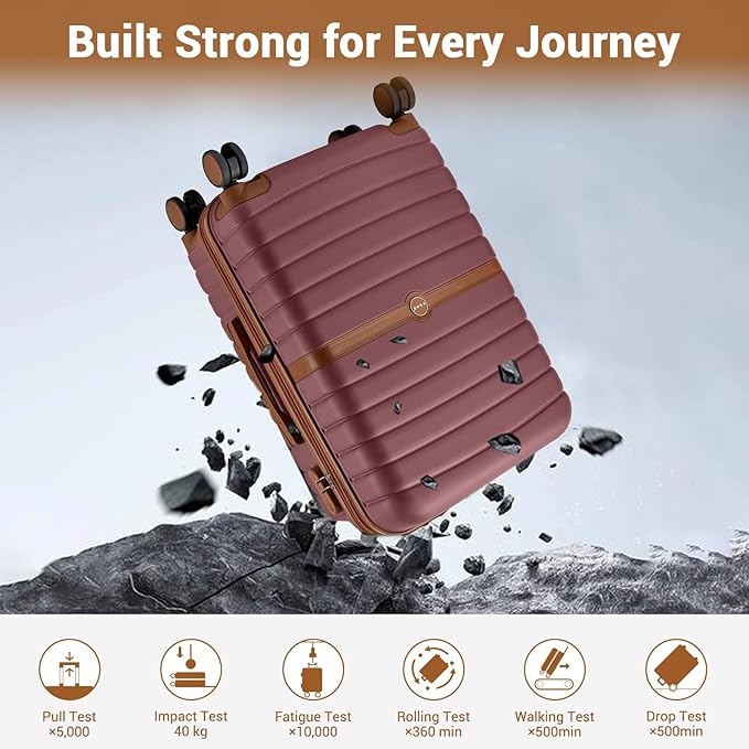 Kono Expandable 24 Inch Luggage with Spinner Wheels, Medium Checked Luggage with Lock, Lightweight & Anti-Scratch PC+ABS Hardshell Travel Suitcase, Burgundy/Brown