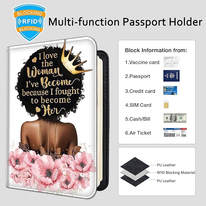 Passport Holder Women Wallet with Luggage Tag, Leather Passport Cover with RFID Blocking, Travel Accessories Multi Card Slot Passport Case for Men，Black Crown Girl Pink Flower