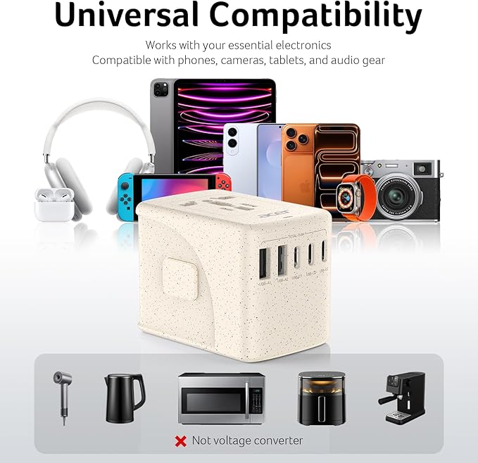 Acer Universal Travel Plug Adapter - International Power Adapter with 5 USB Ports (3 USB C) 5.8A, Worldwide Outlet Charger for USA to European UK France Germany Spain, Type C/E/F/G/I/L/A,Beige