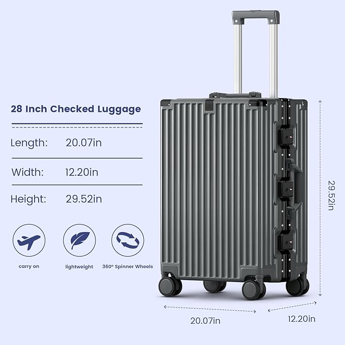 Zipperless Suitcase, 28 Inch Checked Luggage, Hardshell Aluminum Frame Polycarbonate Luggage with Phone Holder, Cup Holder, Charging Port, TSA Lock, Spinner Wheels for Vacations, Grey