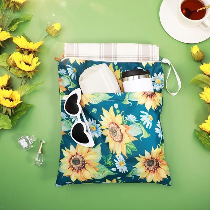 Frienda 4 Pieces Wet Dry Bag for Baby Waterproof Reusable Washable Diaper Bag Sealed with Handle for Travel, Beach, Swimsuit, Diapers, Dirty Gym Clothes and Toiletries (Flower)
