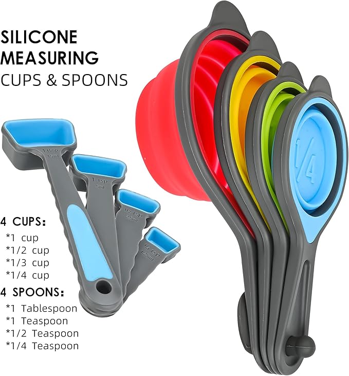 Smithcraft Silicone Measuring Cups and Spoons Set 8, Collapsible Measuring Cups Set for Baking & Kitchen Colorful Measure