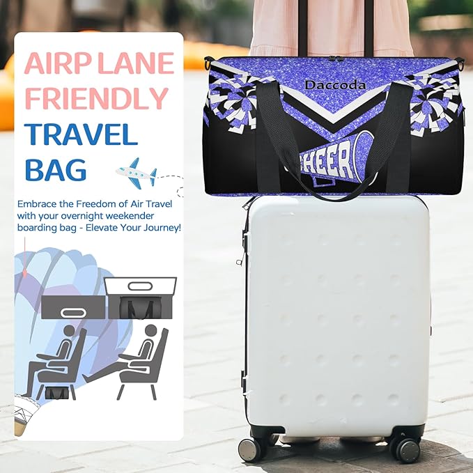 Personalized Ballet Dance Bag, Cheerleading Sport Duffel Tote, Light Blue Glitter Black Cheer Team Customized Travel Duffle Tote with Name Overnight Weekender Perform Cheer Bag