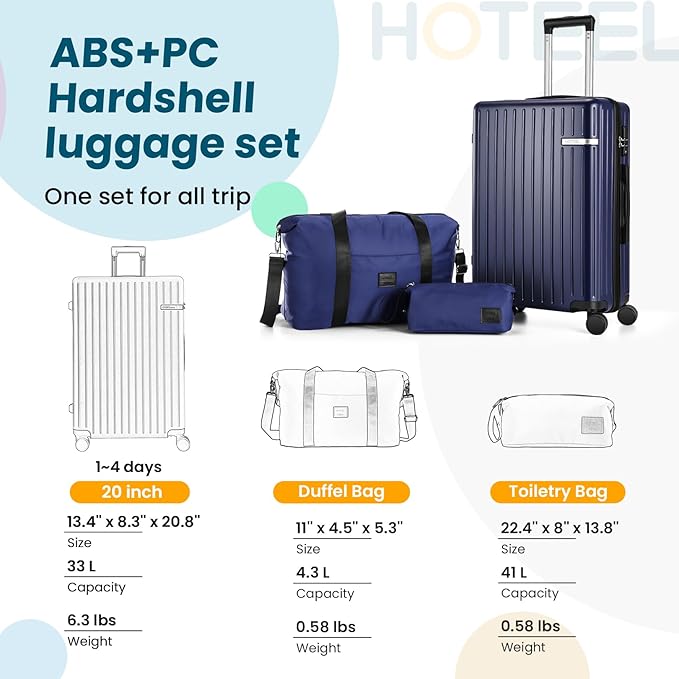 Hoteel Luggage Sets 3 Piece Carry on Luggage with Spinner TSA Lock for Unisex (4-YEAR WARRANTY), ABS+PC Hard Shell Rolling Carry-on Suit Case for Plane, Travel, Business, Royal Blue (20in/DB/TB)