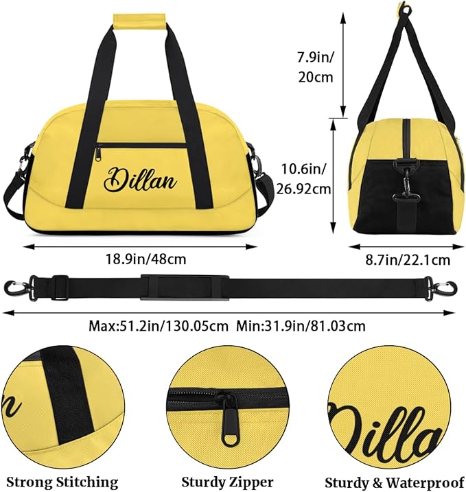 Custom Name Gym Duffel for Kids,Personalized Sports Bag Lightweight Gym Bags for Boys & Girls,Fitness Travel Weekender for Travel, and Workout Yellow