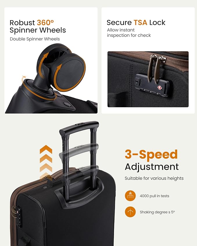 LOVEVOOK Carry On Luggage 22x14x9 Airline Approved,20 Inch Suitcases with Spinner Wheels,Softside Carry-on Suitcase with TSA Lock for Men Women Business Trip Weekender Travel,Black&brown