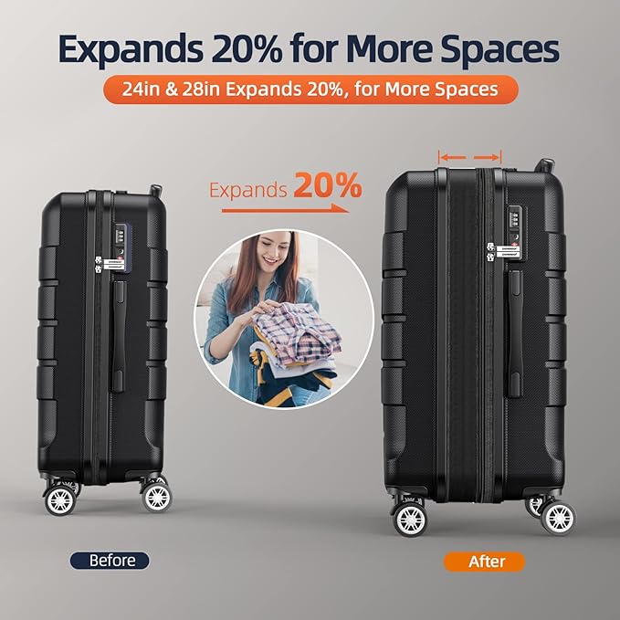 SHOWKOO Luggage Sets Expandable 100% PC Durable Suitcase Double Wheels TSA Lock Black