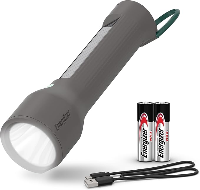 Energizer S-600 LED Flashlight Rechargeable Solar and AA Battery Power Options, Super Bright IPX4 Water Resistant Flashlights High Lumens for Emergencies, Outdoors, DIY