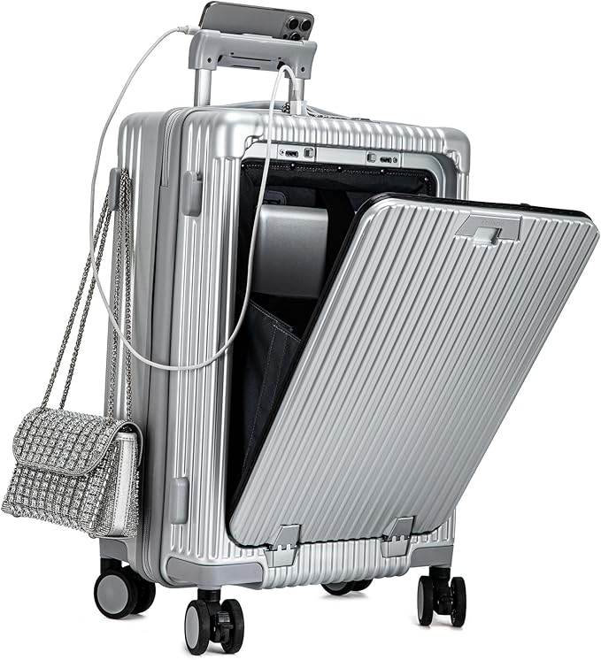 feilario 20in Hardside Spinner Wheel Luggage with Zipper Closure, Built-In TSA lock Carry on Suitcase, with Cup Holder & USB Port & Phone Holder White(with zipper closure, 20in)