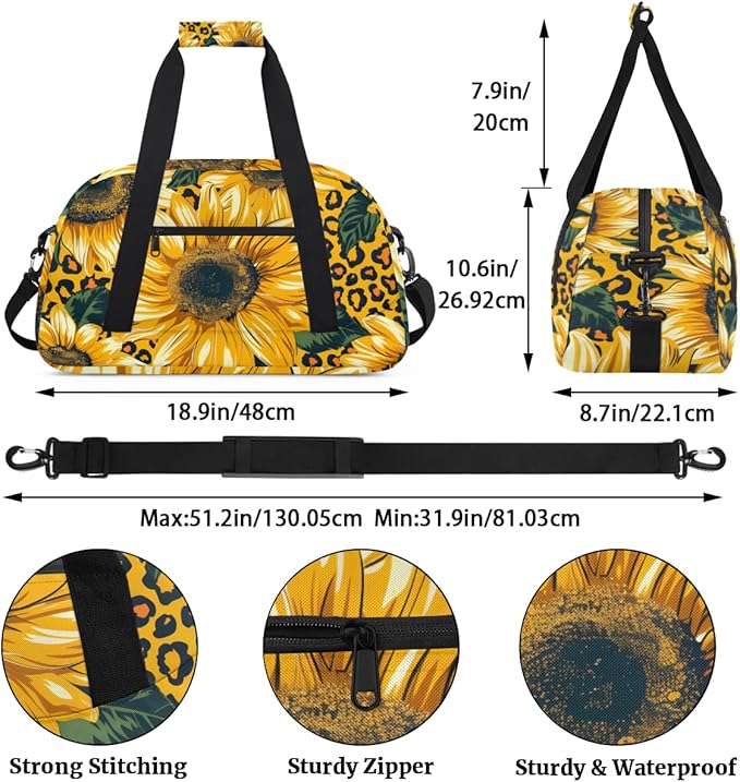 Leopard Yellow Sunflower Gym Travel Duffle Bag for Women & Men with Front Zipper Pocket for Sports, Overnight, Weekender, Carry On,Workout & Dance Bag,Yellow Flower Floral,18.9 * 8.7 * 10.6 in