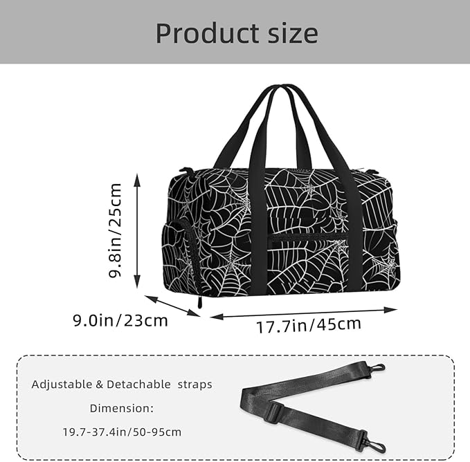 Sports Gym Bag Spiderweb Pattern Black Travel Duffel Bag With Shoe Compartment Shoulder Strap, Lightweight Water-Resistant Weekend Overnight Totes For Women Men
