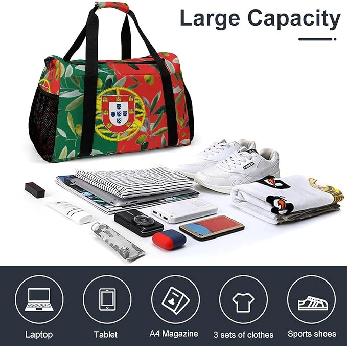 Portugal Flag Portuguese Olives Duffle Bag Gym Bag for Workout Travel Tote with Detachable Straps