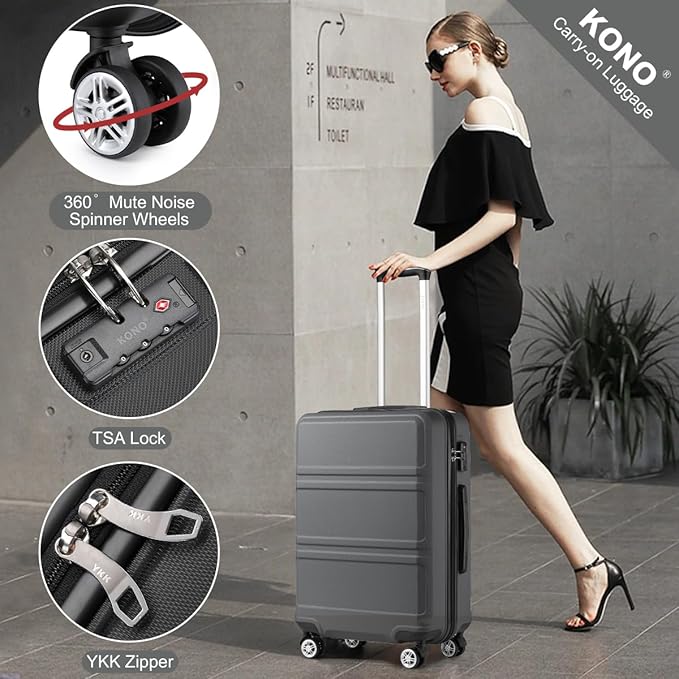 Kono 20" Carry on Luggage with Spinner Wheel TSA Lock, Lightweight PC+ABS Hardside Luggage Durable Small Carry on Suitcase Grey