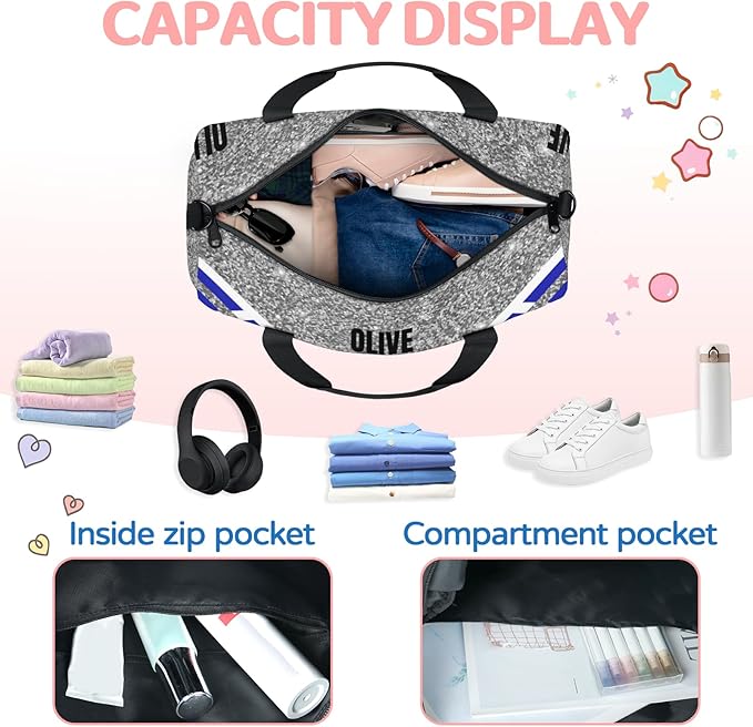 Personalized Cheerleading Dance Bag, Custom Small Sport Weekender Sleepover Travel Duffel Bag, Silver Grey Glittering with Navy Blue Cheer Theme