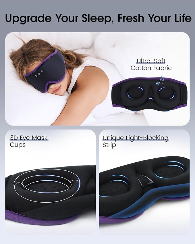 MUSICOZY Sleep Mask with Bluetooth Headphones, 3D Wireless Sleeping Eye Masks, Bluetooth Eye Masks 14-Hour Playtime, Ultra-Soft Breathable, Perfect for Side Sleepers, Women Men(Royal Purple)