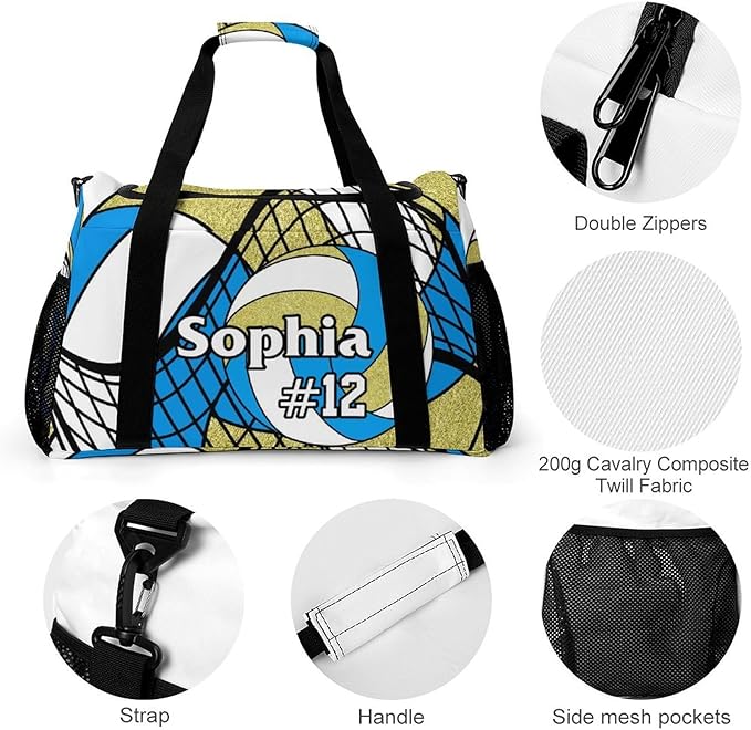 Custom Volleyball Blue Gold Duffel Bag with Name Personalized Travel Bags Sport Gym Bag Carry On Weekender Bags for Men Women