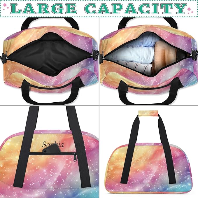 Custom Name Glitter Rainbow Girls Gym Travel Duffle Bag with Front Zipper Pocket Personalized Sports Bag for Overnight, Weekender, Carry On,Workout & Dance, 18.9 * 8.7 * 10.6 in