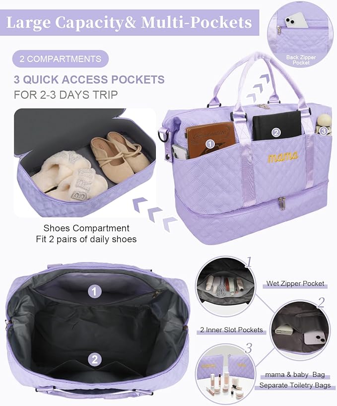 Mama Baby Pregnancy Hospital Bag Essentials for Women Labor Delivery Diaper Organizer with Shoe Compartment,2 Waterproof Toiletry Pouch Travel Duffle Bag for Mommy Weekender Overnight Gym Gifts,Purple