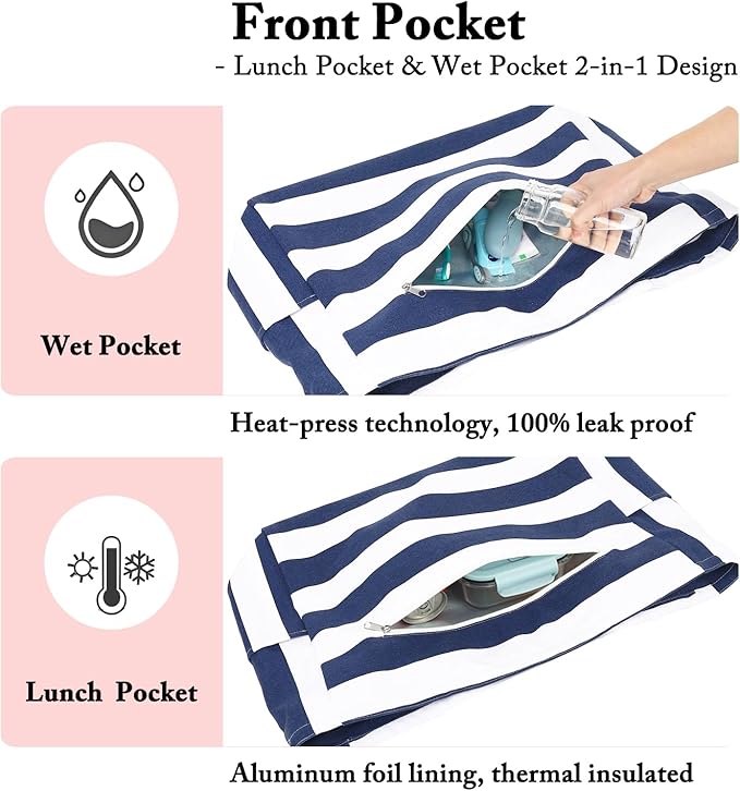 Large Canvas Beach Bag for Women, Beach Bags Waterproof Sandproof with Zipper & Wet Bag Cruise Essentials