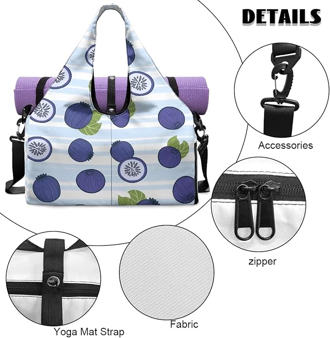 Blueberry Print Womens Gym Bag with Yoga Mat Holder and Shoe Compartment, Waterproof Portable Blue Sport Tote Bag for Women with Spacious Wet Pockets Gym Bag for Daily Use