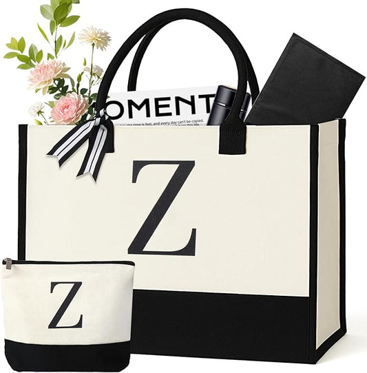 Personalized Canvas Tote Bag for Women Makeup Pouch Initial Beach Bag Removable Bottom Board for Travel Birthday