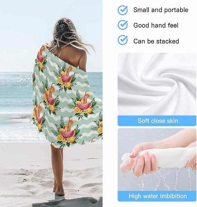 Summer Lemon Watermelon Beach Towel 30" x 60" Tropical Plants Quick Dry Sand Free Pool Towels Green Waves Stripes Soft & Absorbent Compact Towels Beach Accessories for Travel Bathroom Swimming Pool