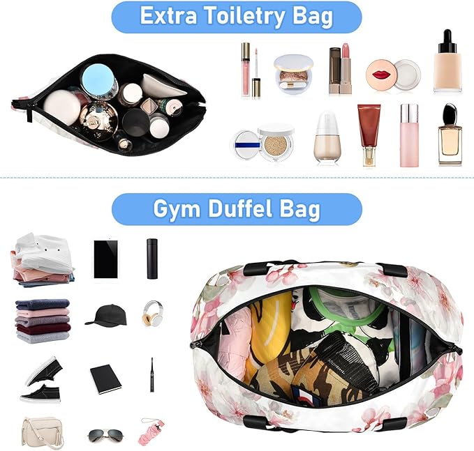 Travel Duffel Bags for Women Watercolor Birds on Pink Flower Branch Sports Duffel Bags Gym Bags with Shoes Compartment Tote Bag Weekender Bag for Travelling